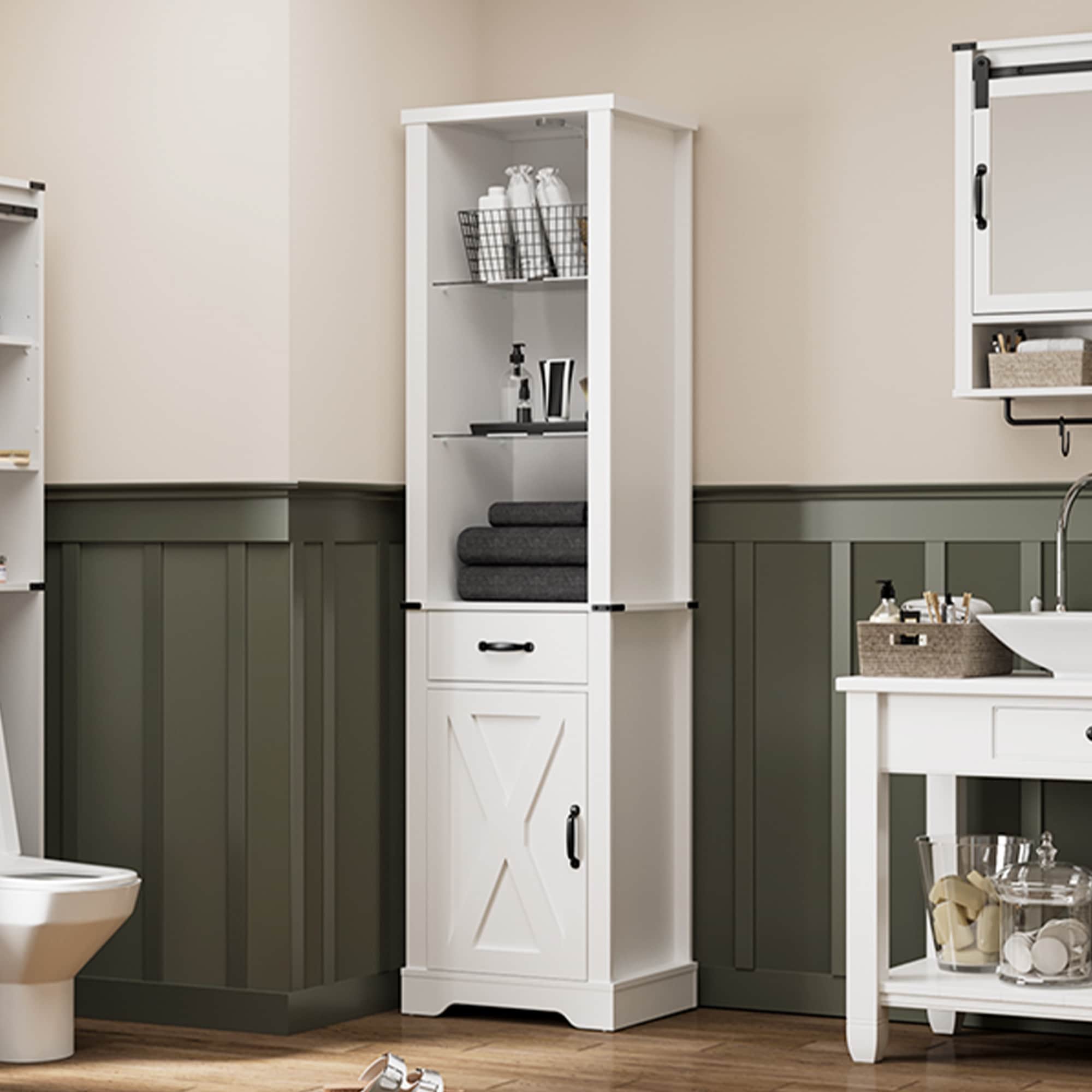 75'' Tall Storage Cabinet With LED Light, Farmhouse Pantry Cabinet With Tempered Glass Adjustable Shelves & Barn Door, Freestanding Linen Tower For Bathroom, Living Room, Kitchen, White_voghion.com